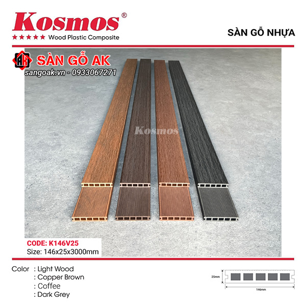 Sàn gỗ nhựa ngoài trời Kosmos lỗ vuông K146V25X3M Copper Brown